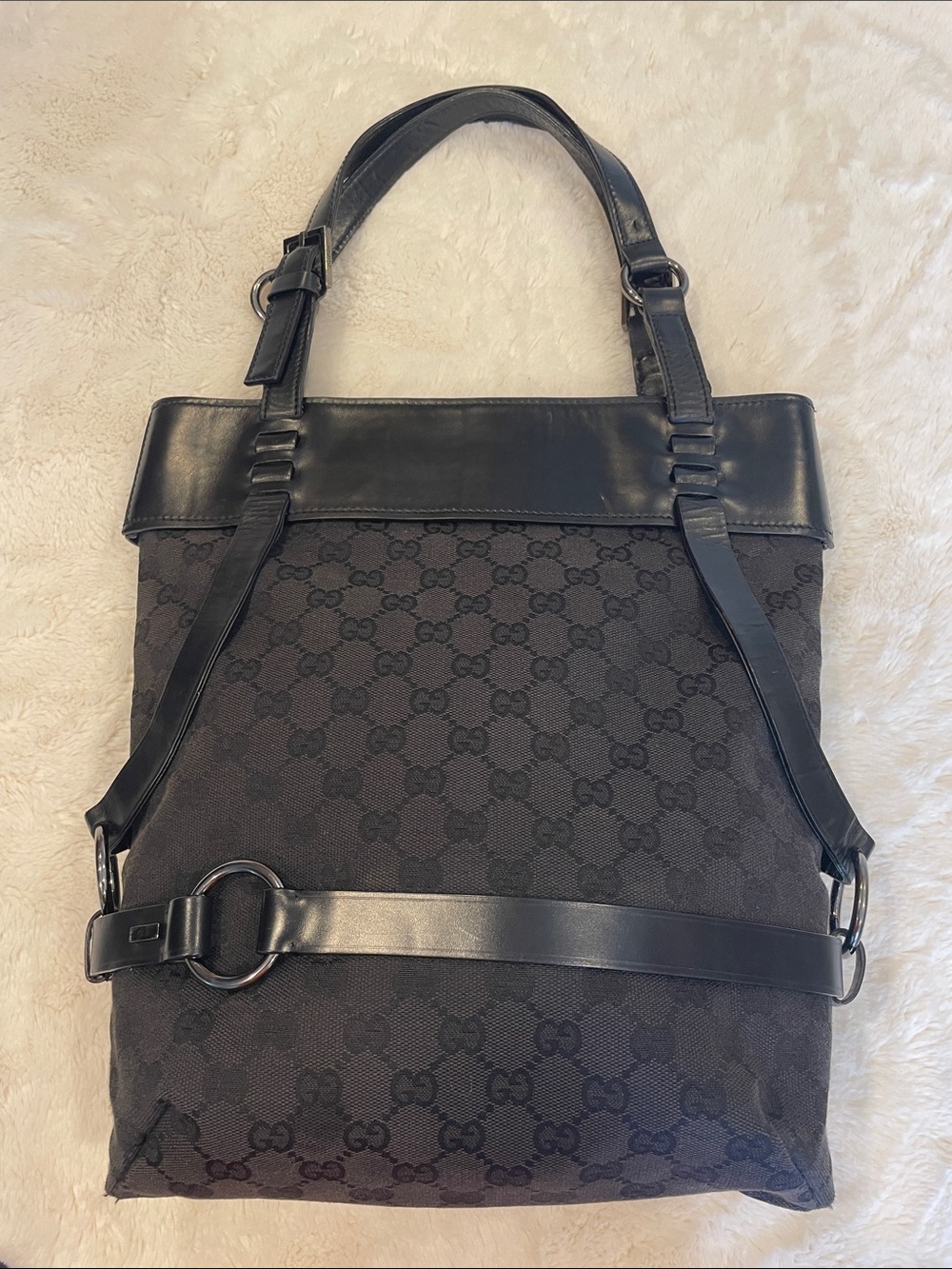 Gucci Black Monogram Tote with Leather Trim and Ring Detail
